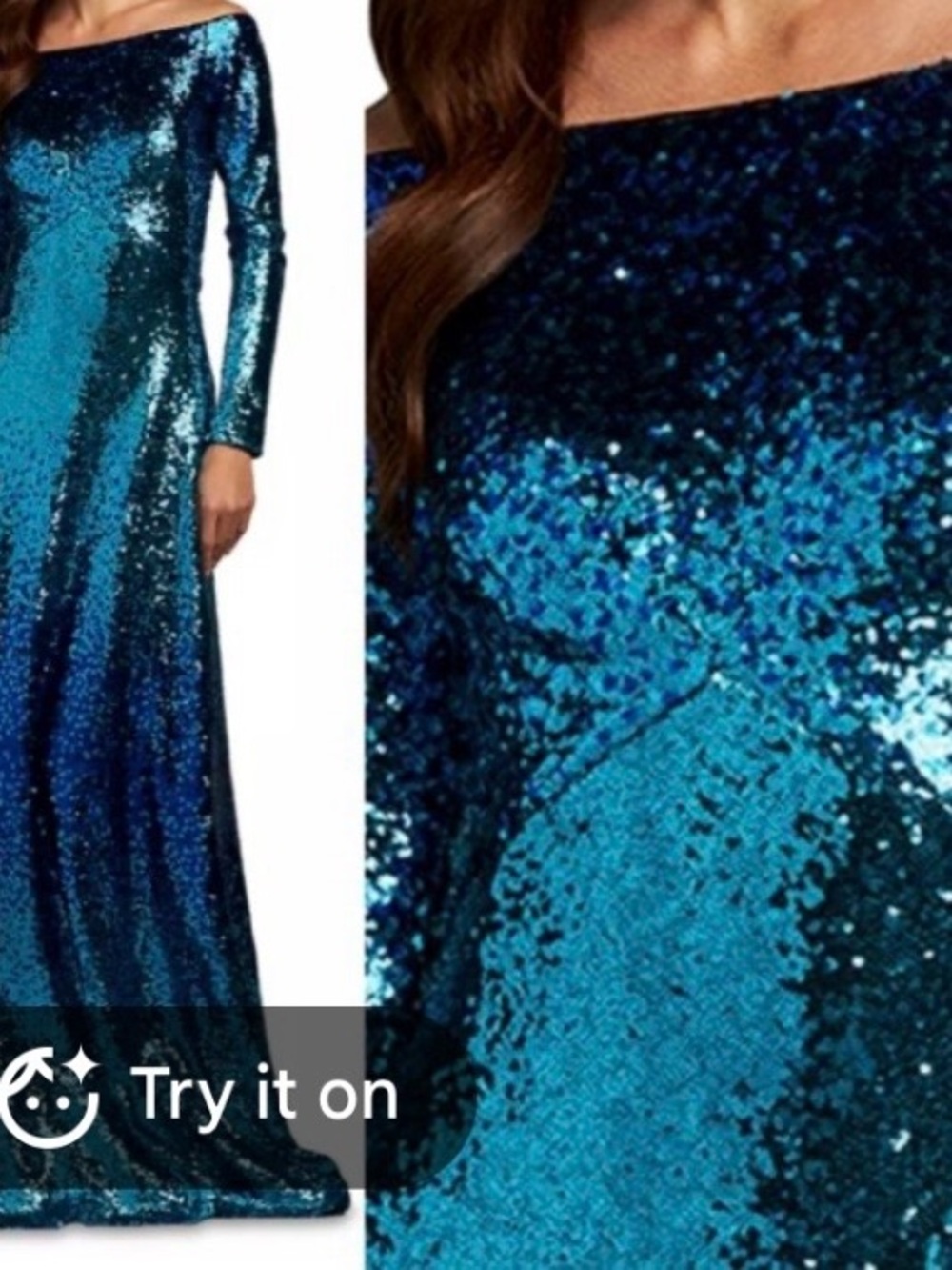Tadashi Shoji Teal Sequin Off-Shoulder Long Sleeve Gown